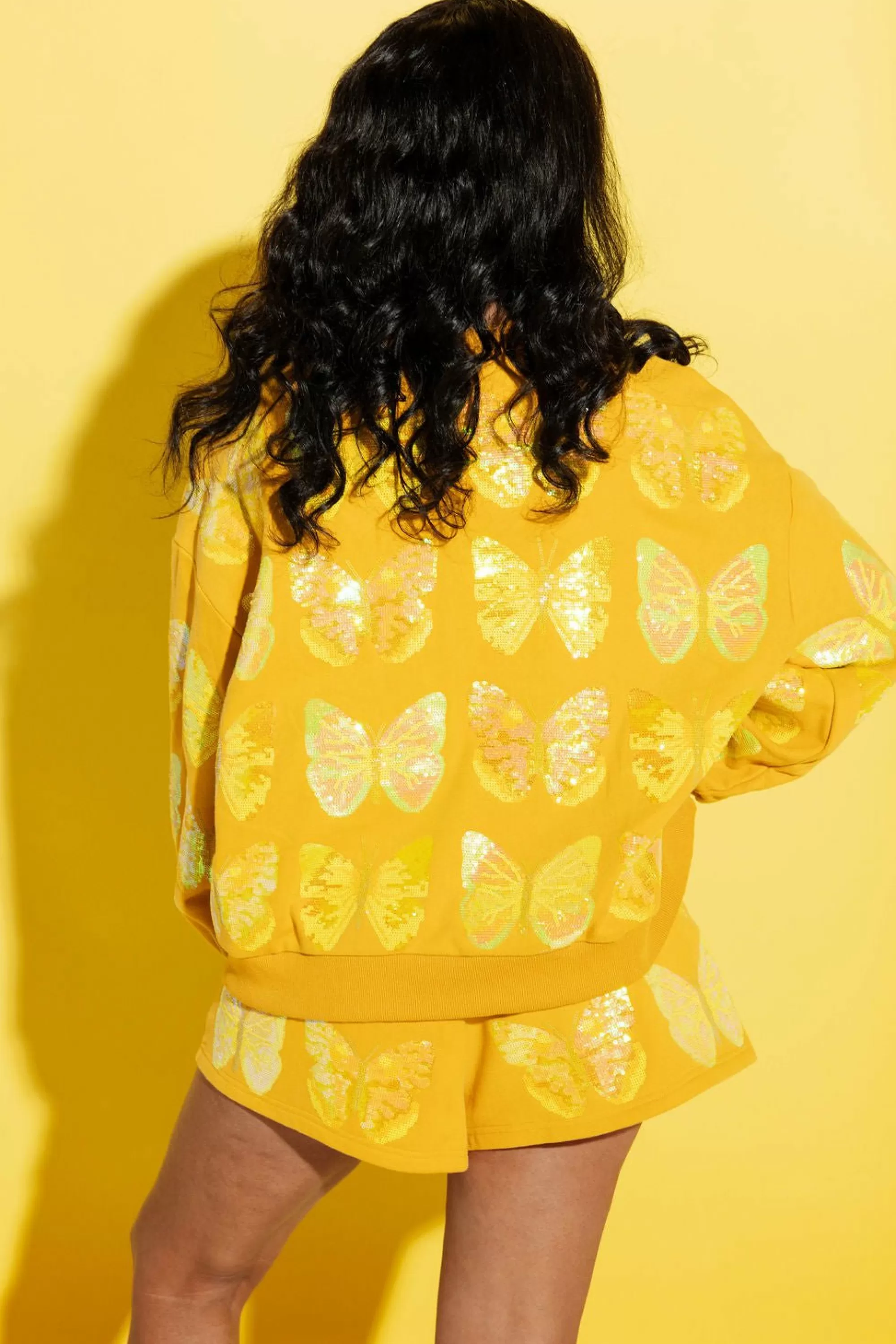 womens Queen Of Sparkles Yellow Scattered Butterfly Shorts
