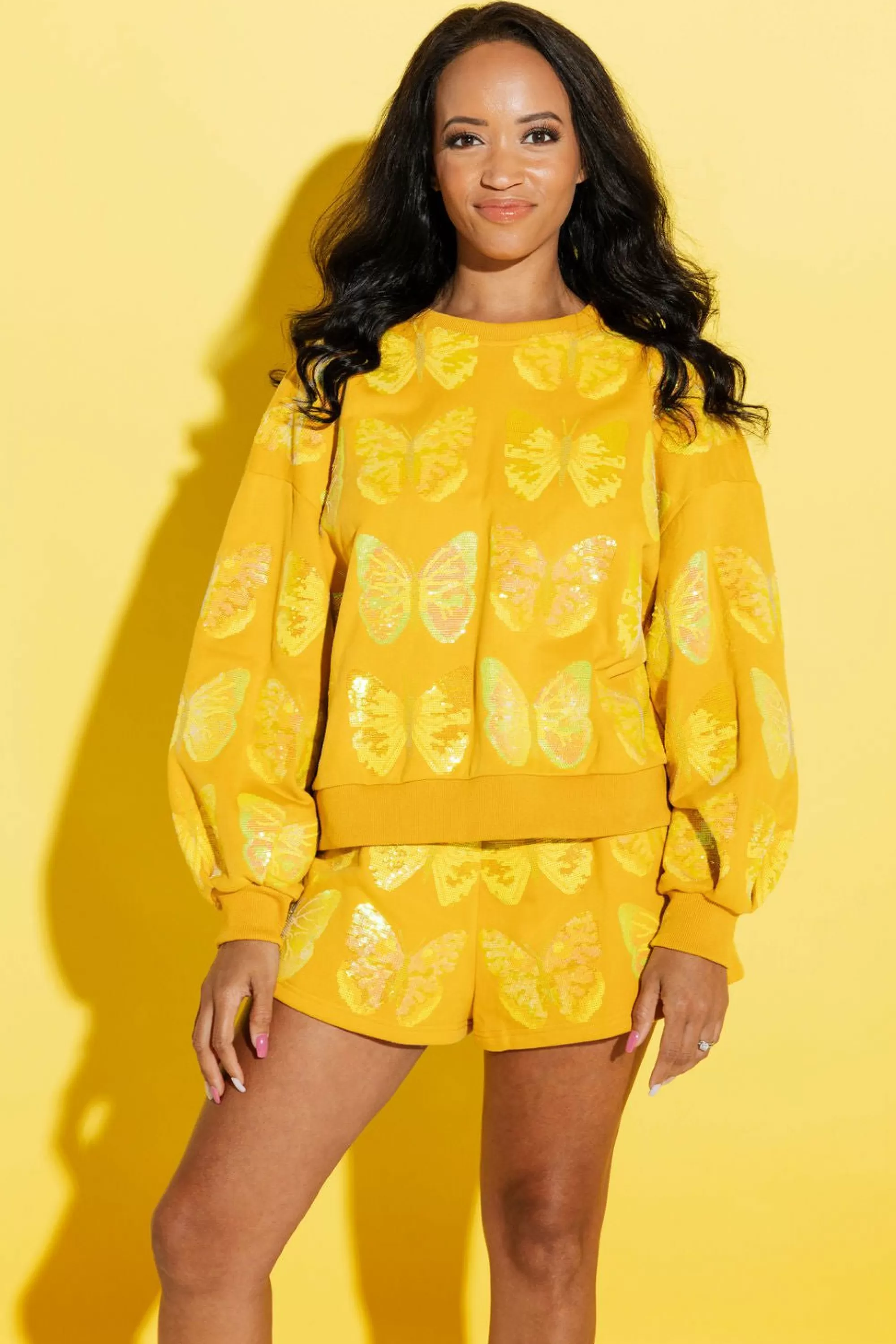 womens Queen Of Sparkles Yellow Scattered Butterfly Shorts
