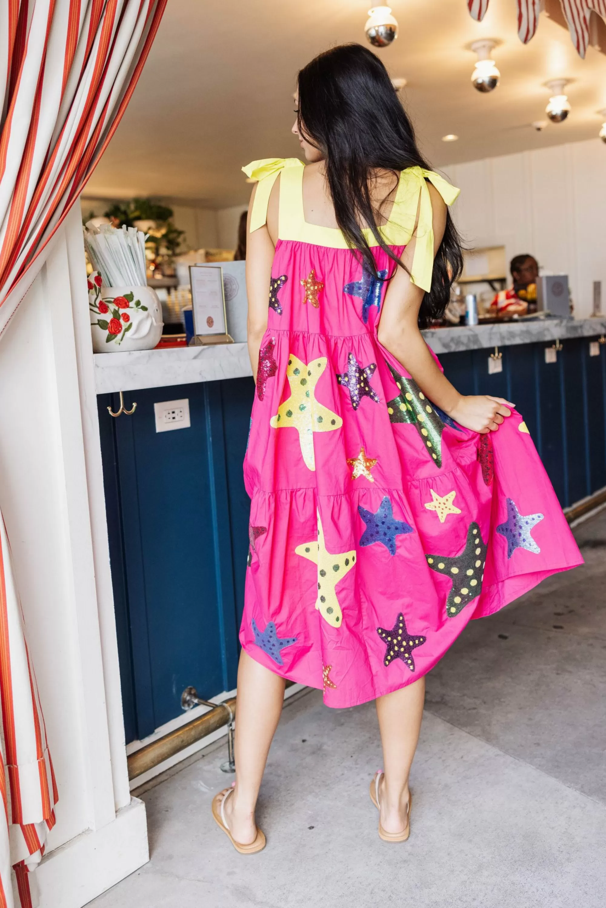 womens Queen Of Sparkles Yellow Tie Starfish Maxi Dress